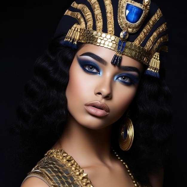 a model with long hair and blue eyes wearing a crown with gold and gold accents.