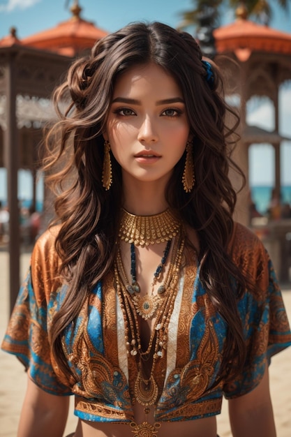 A model with long hair and a blue and orange top is wearing a blue and gold necklace.