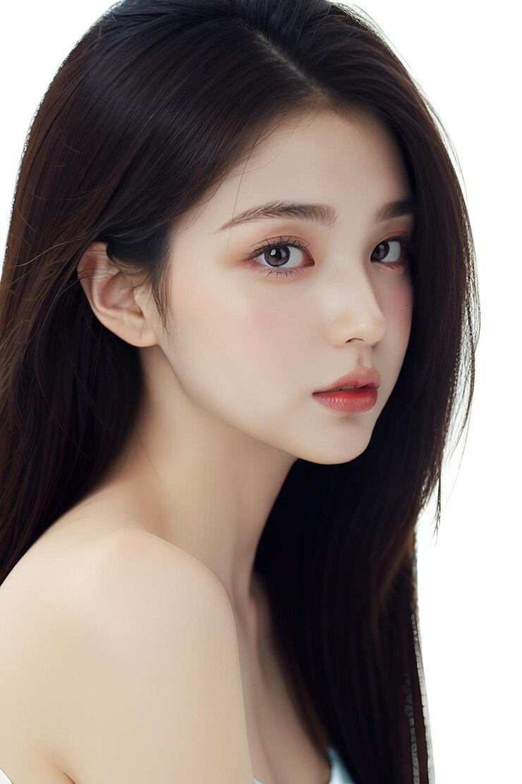 긴 머리카락과 분홍색 입술을 가진 모델이 이 모델의 얼굴에 나타납니다.