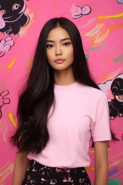 Photo a model with long hair poses in front of a pink wall.