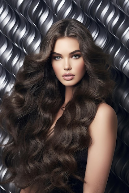 A model with long, wavy hair in front of a wall of silver metal objects