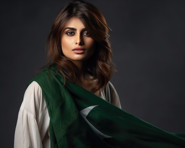 Photo model with pakistan flag on shoulder random solid background