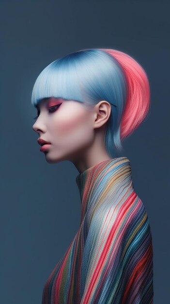 a model with a pink and blue hair style