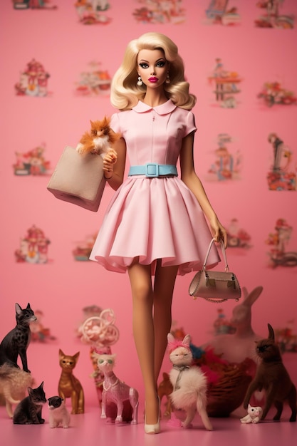 A model with a pink dress and a bag of a dog and a bag