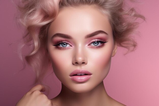 a model with pink eyeshadow and pink lipstick