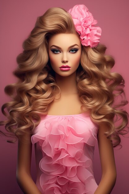 a model with a pink flower in her hair.