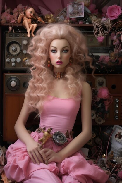 왼쪽에 분홍색 머리카락과 시계가 있는 모델입니다.