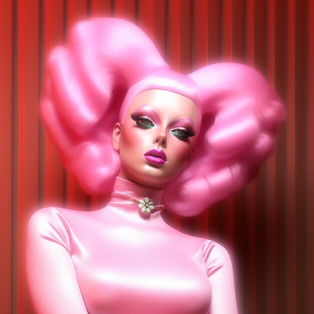 a model with a pink wig and a flower on her hair