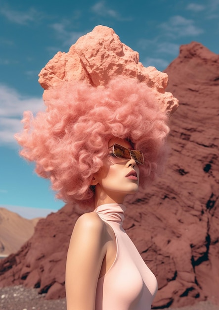 Photo a model with a pink wig and sunglasses on the top of a mountain.