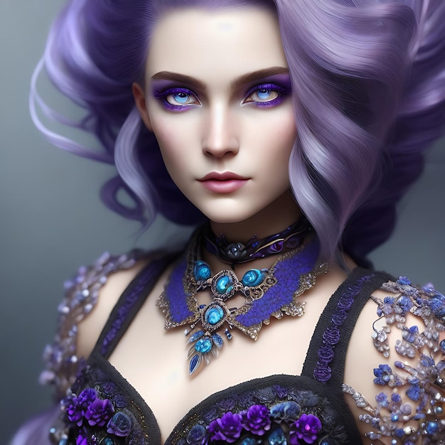 A model with purple hair and purple hair and blue beads.