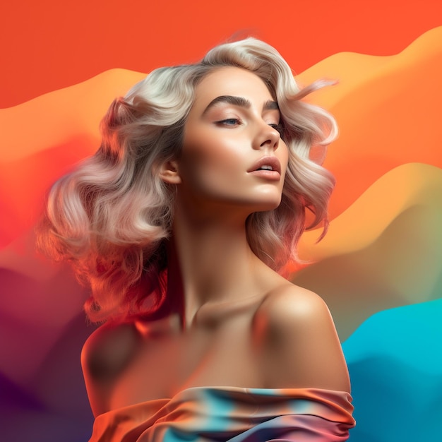 A model with a rainbow colored background and a model wearing a dress