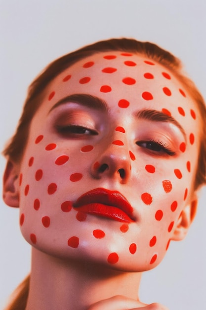 A model with red dots on her face