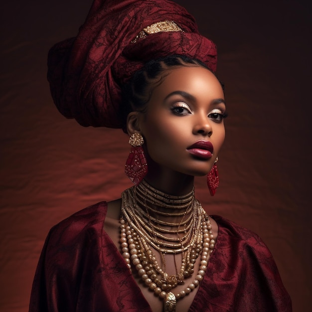 A model with a red dress and a long necklace on the front.