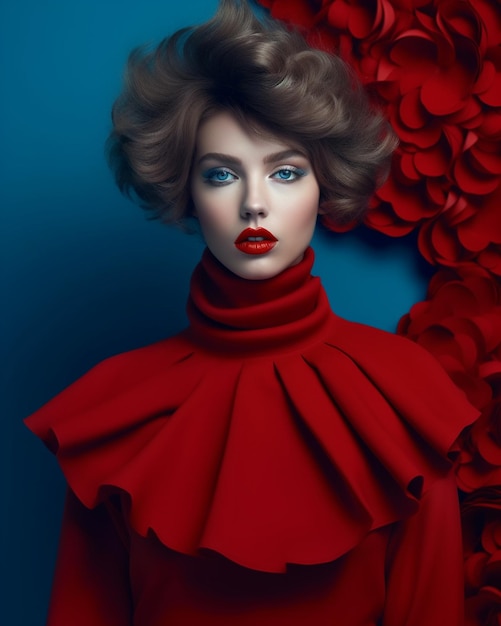 A model with a red dress and red lipstick