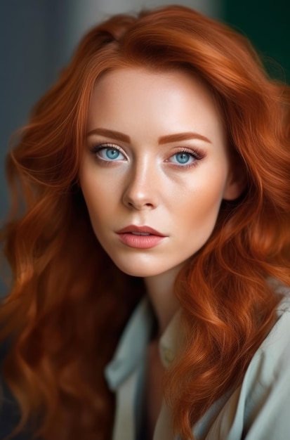 A model with red hair and blue eyes looks into the camera.