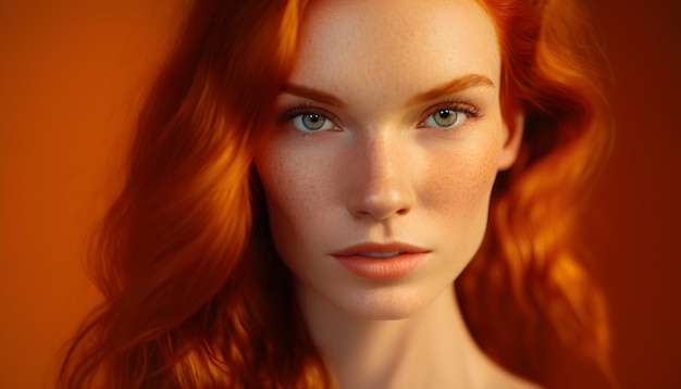 A model with red hair and freckles looks at the camera.