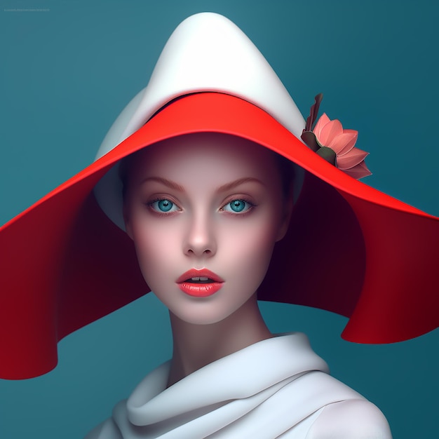 赤い帽子と花をかぶったモデル