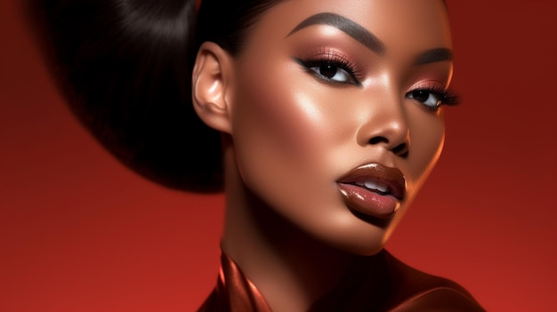 A model with a red lip and a black hairline