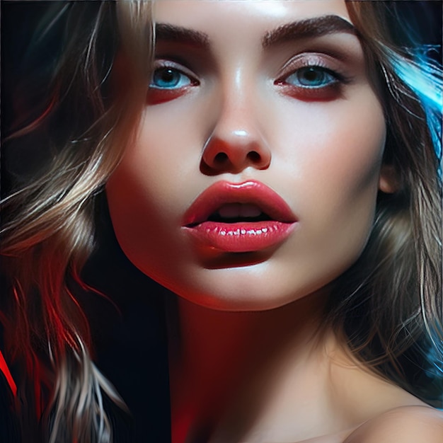 a model with a red lip and a blue eyeshadow.