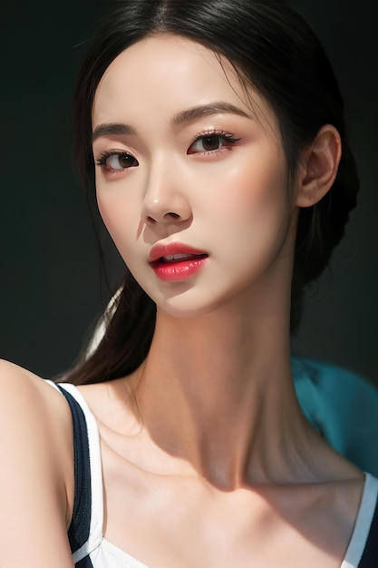 a model with a red lip and a blue shirt on the right side.