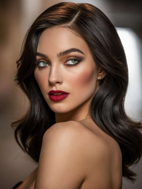 a model with a red lip and a green eye shadow