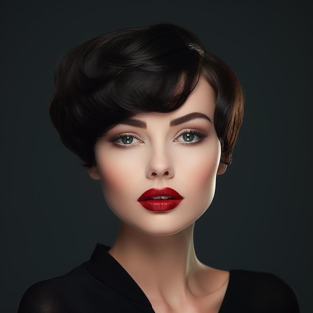 a model with red lips and a black dress