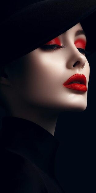 a model with red lips and a black hat