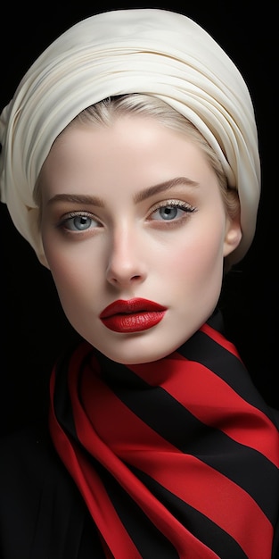 A model with a red lips and a scarf on the face.