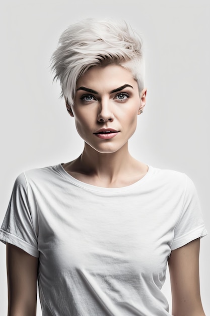 Model with short blonde hair wearing a white t - shirt