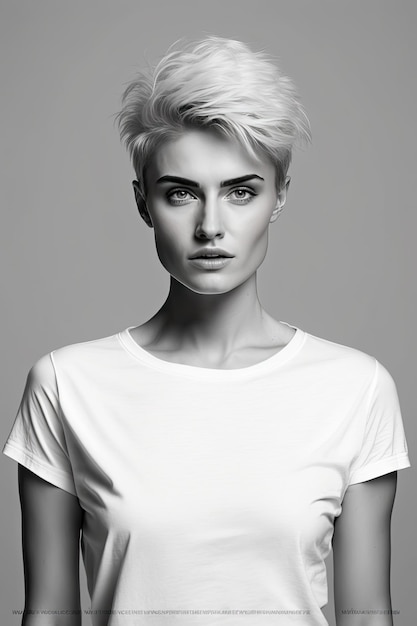 A model with short blonde hair and a white t - shirt