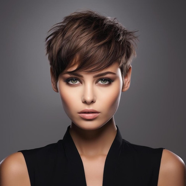 a model with short hair and a black top with a short haircut.