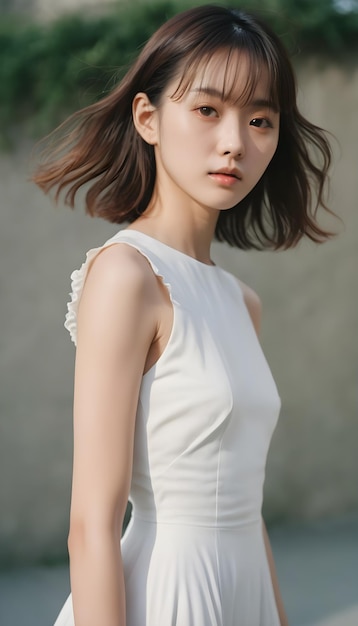 a model with short hair and a white dress