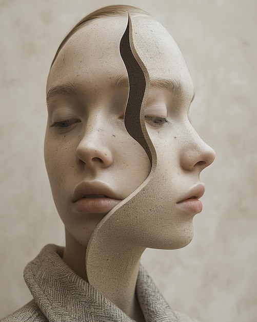 a model with a snake on its head