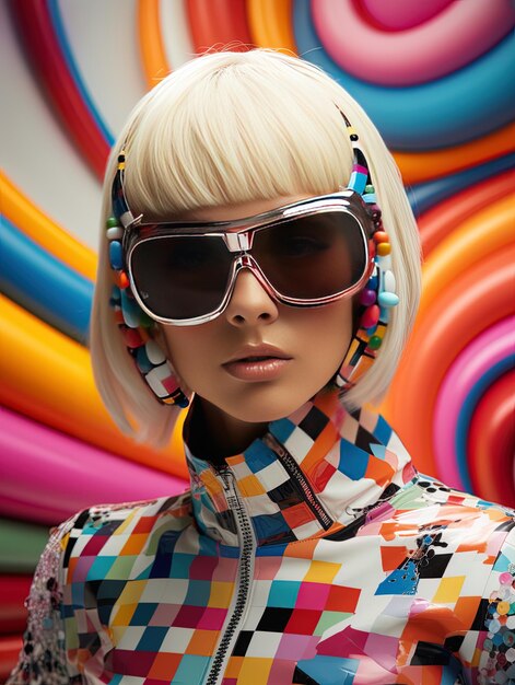 Photo a model with sunglasses and a sweater on it is wearing a colorful scarf