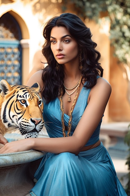 A model with a tiger on her lap