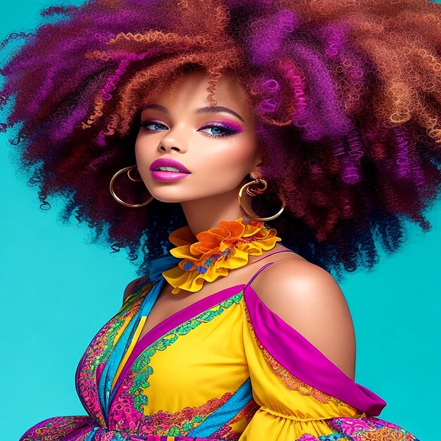 A model with a vibrant colorful dress and a wild curly hairstyleaigenerated