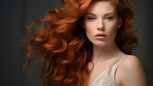 A model with voluminous wavy auburn hair cascading over her shoulders exuding elegance