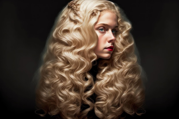 Model with wellgroomed long blonde curly hair in the back