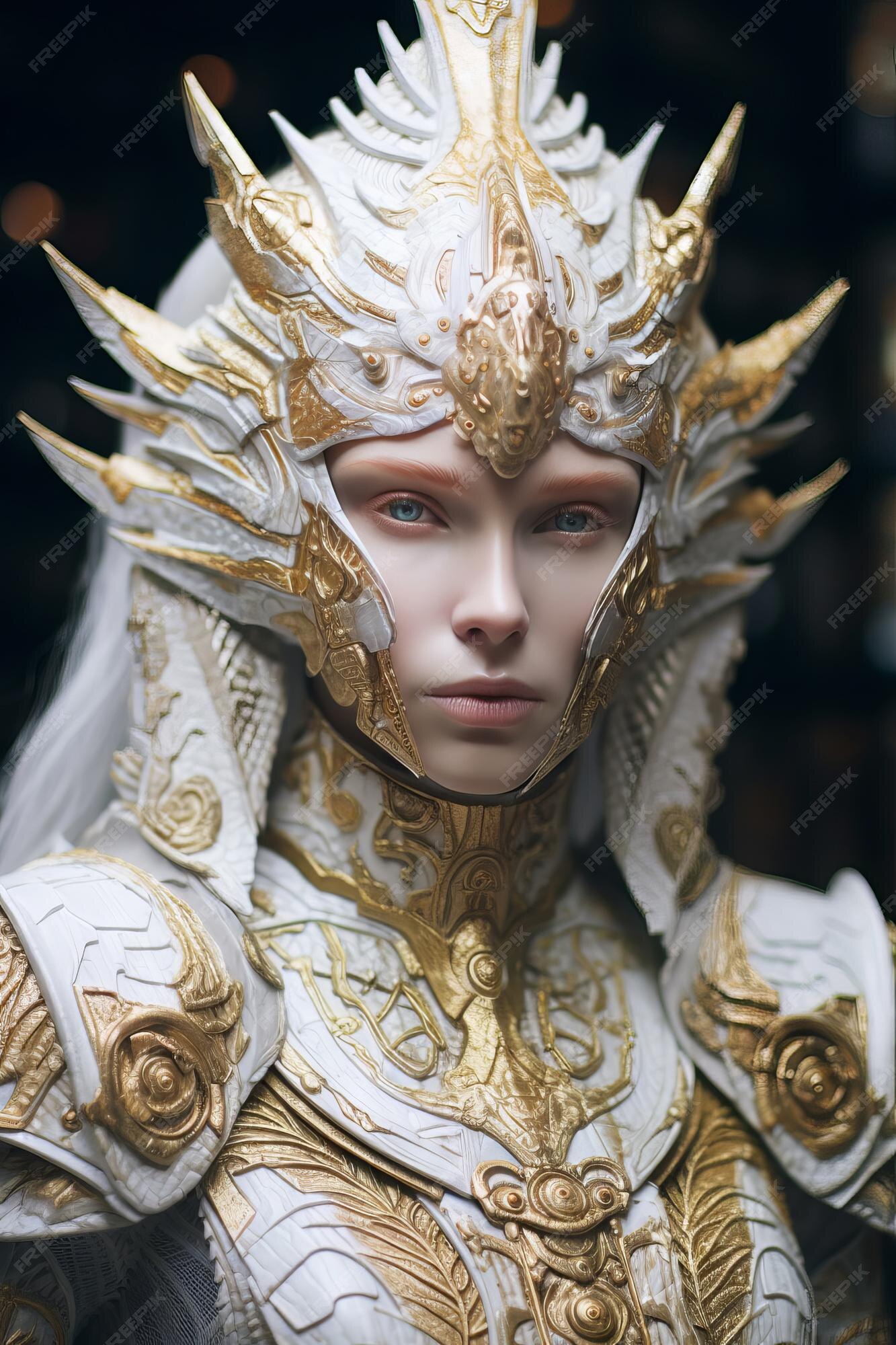 Premium AI Image | A model with a white costume and gold dragon head.