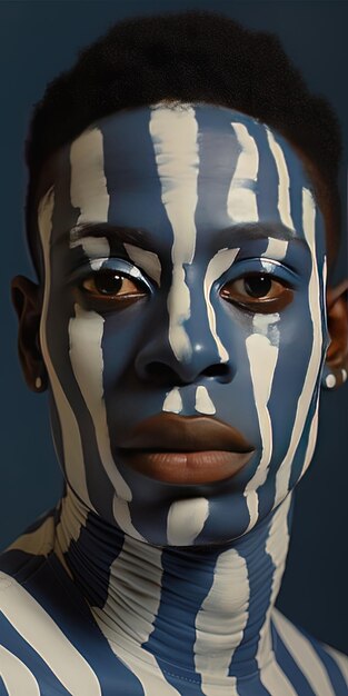 a model with a white face and black and white paint
