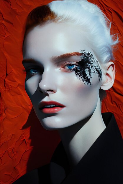 a model with white hair and makeup on it is posing in front of a red backdrop