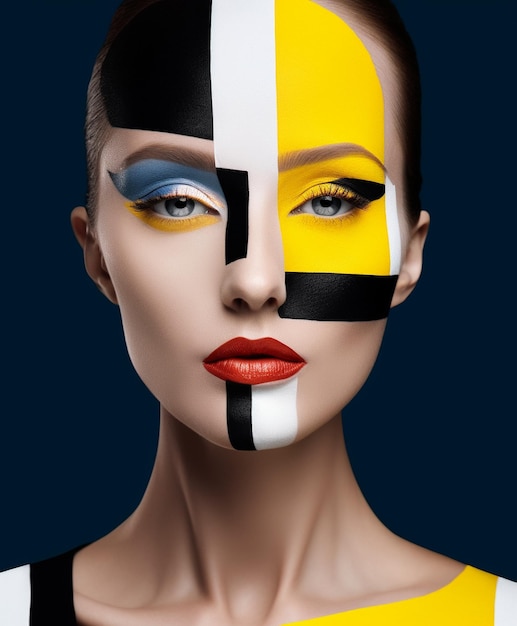 a model with a yellow and black face and a black and white face with a black and white stripe.