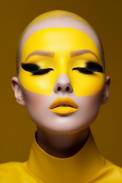 Photo a model with yellow eyes and a yellow painted face.