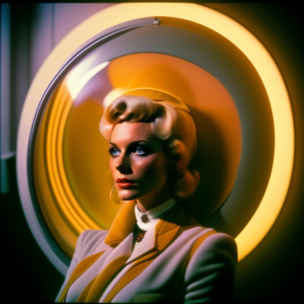 A model with a yellow jacket and white shirt is in front of a circular light.