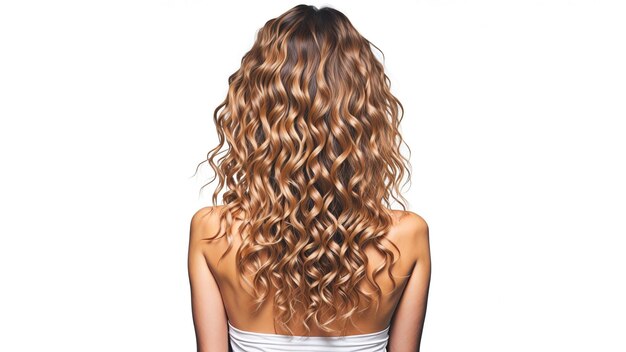 Model woman from behind with beautiful long curly hair dyed hair