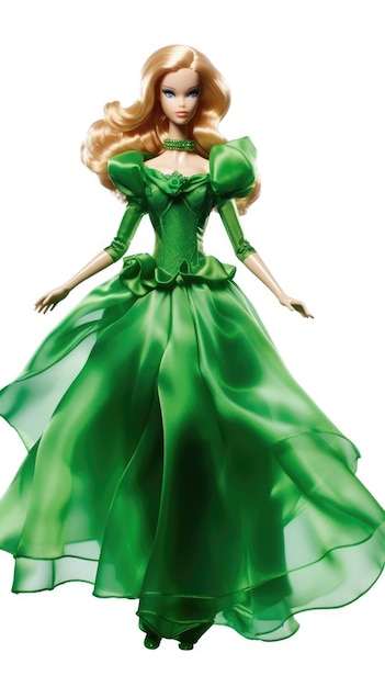 A model of a woman wearing a green dress with a green sash.