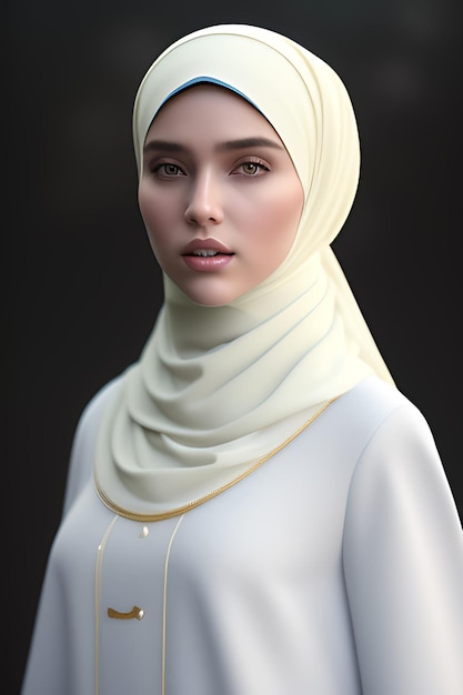 A model of a woman wearing a white hijab and a gold necklace.