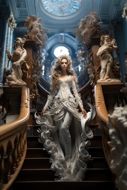 a model of a woman in a white dress is standing on a staircase.