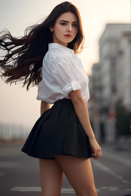 A model woman in a white shirt and black skirt posing for a photo