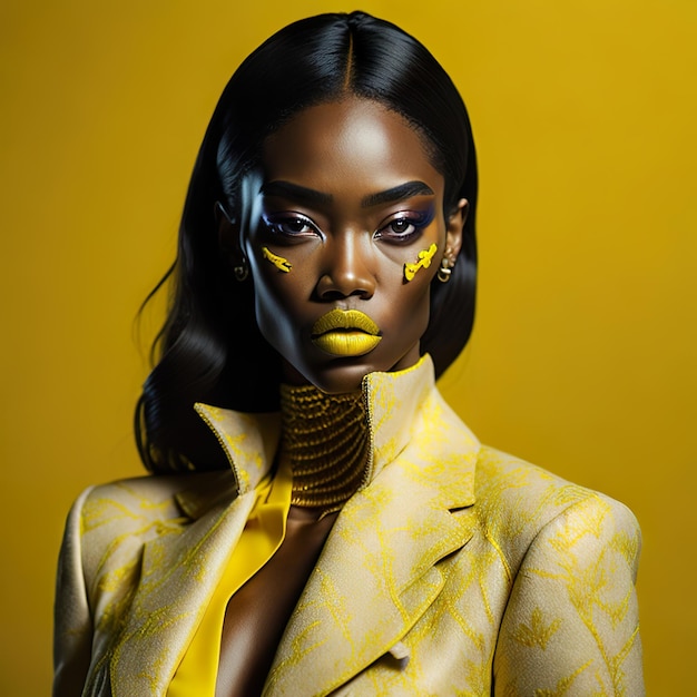 Model woman with makeup with yellow details on a dark background